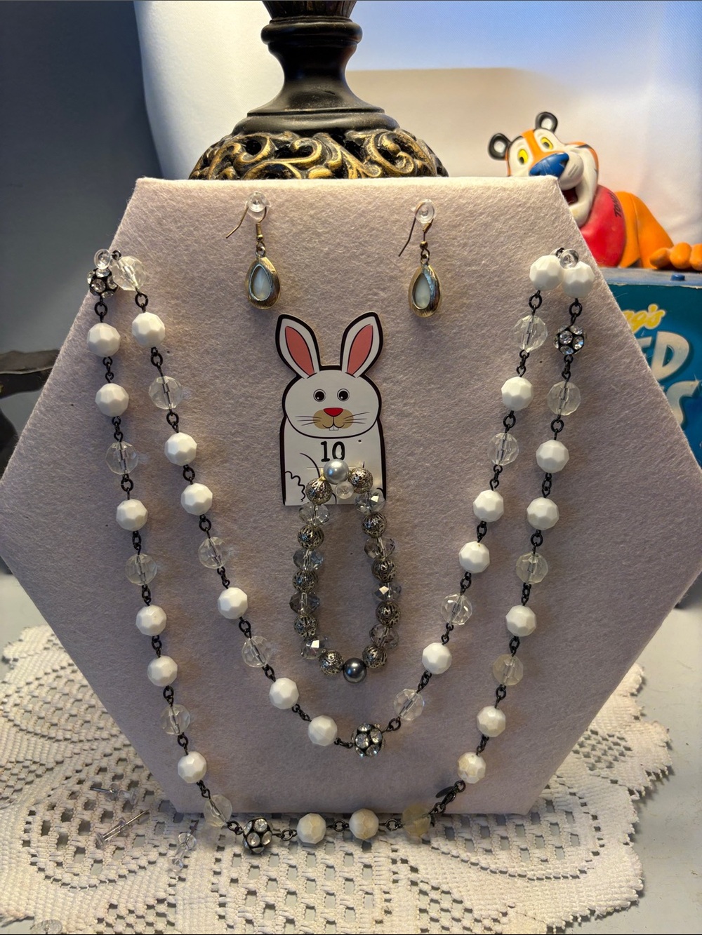 White Beaded Layered Necklace Set with Clear Accents and Drop Earrings